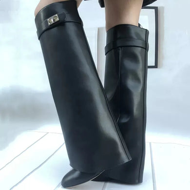 Designer Lock Buckle Knee High Boots