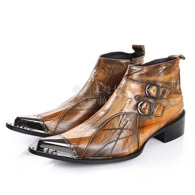 Italian Steel Pointed Toe Western Styles Double Buckle Strap Boots