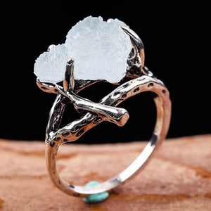 Antique Silver Color Dead Branch 4-Claw Lake Blue Stone Ring