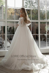 LORIE Puff Sleeve Lace 3D Flowers off Shoulder Bridal Gown
