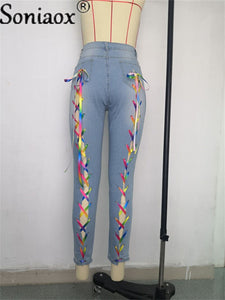 Laced Grommet Design High Waist Jeans