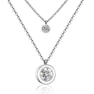 AAA Cubic Zirconia Double Round Pendant Stainless Steel Necklace