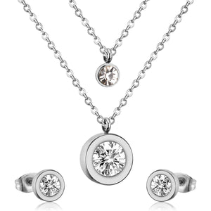 Stainless Steel Crystal Double Round Pendant Necklace Earring Set