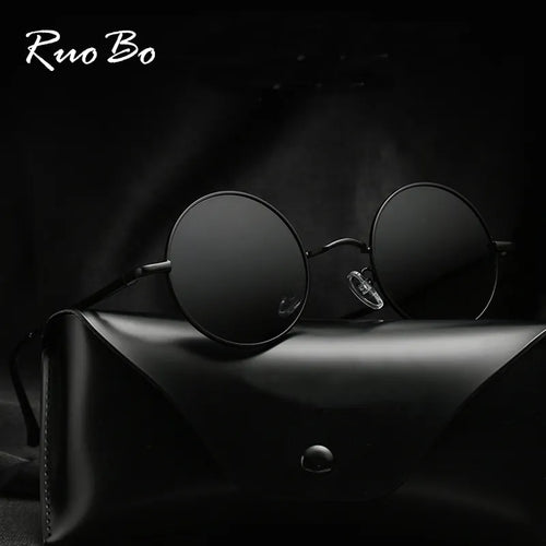 RUOBO Retro Polarized Round Metal Frame Sunglasses