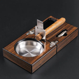 Multifunctional Foldable Ashtray Walnut Wood with Cutter Holder And Hole Opener