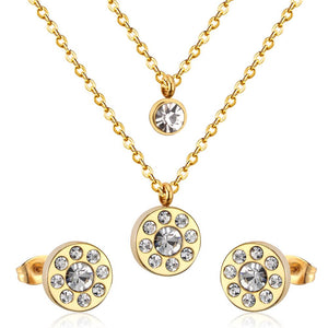 Stainless Steel Crystal Double Round Pendant Necklace Earring Set