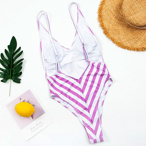 Backless Striped One Piece High Cut Bathing Suit