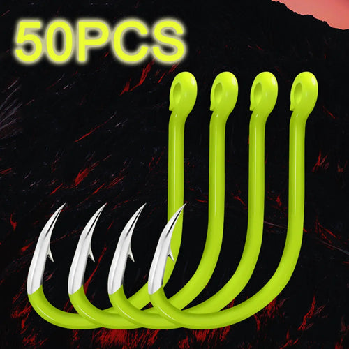 50pcs Fluorescent Single Circle Carbon Steel Fish Hooks
