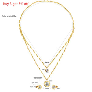 Stainless Steel Crystal Double Round Pendant Necklace Earring Set