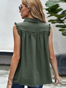 Fashion High Neck Buttoned Ruffled Casual Sleeveless Top