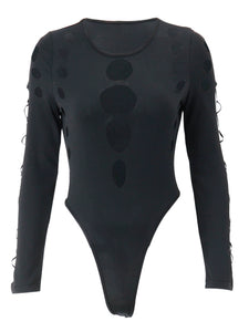 American Style Round Neck Multi-Hollow Design Black Jumpsuit