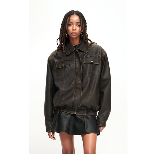 Nuth Brown Leather Vintage Distressed Loose Jacket