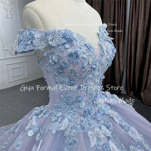 Giyu off Shoulder Shiny Lace Applique Ball Gown