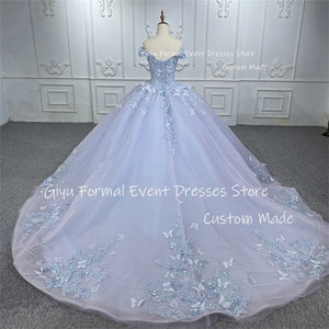 Giyu off Shoulder Shiny Lace Applique Ball Gown