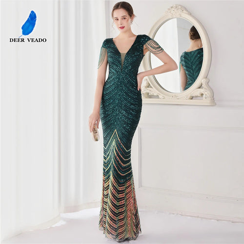 DEERVEADO Elegant V Neck Long Mermaid Evening Dress