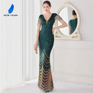 DEERVEADO Elegant V Neck Long Mermaid Evening Dress