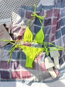 Neon Ribbed Triangle Side Tied Bikini