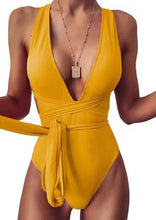 Plunging One Piece Backless Belted Swimsuit