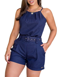 Two Piece Solid Color Casual Sleeveless Top & Shorts Set