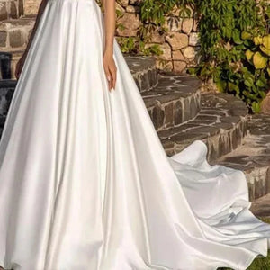 Hepburn Style Satin One-line Shoulder Wedding Dress