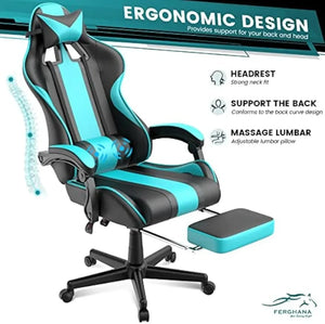 Blue Ergonomic Gaming Chair with Footrest