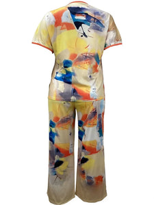 2 Piece Abstract Print Short Sleeve Top and Pants Set