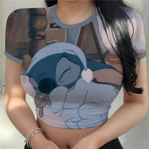 Cartoon Print Crop Top Slim Fit T-Shirt