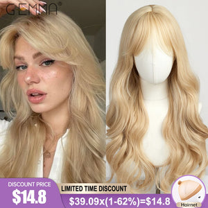 Long Wavy Light Ash Blonde Synthetic Wigs with Bangs