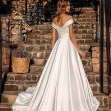 Hepburn Style Satin One-line Shoulder Wedding Dress