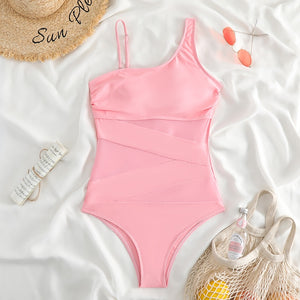 One Piece Mesh Stomach Solid Color Bathing Suit