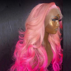 Pink Color Transparent Synthetic Lace Front Wavey Wig