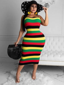 Striped Color Contrast Sleeveless Mid Calf Dress