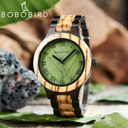 Wooden BOBO BIRD Handmade Natural Leaf Dial Wristwatch