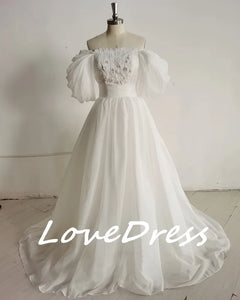 Off Shoulder Appliqued Puff Sleeve A-Line Backless Wedding Dress