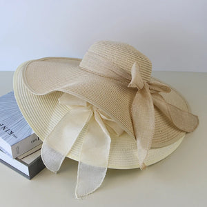 Straw Hat Bowknot Wide Brim Floppy Hat