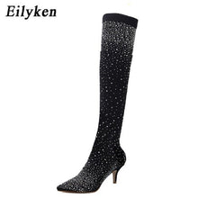 Crystal Rhinestone Stretch Fabric High Heel Over-the-Knee Boots