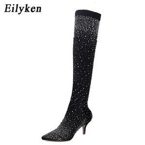 Crystal Rhinestone Stretch Fabric High Heel Over-the-Knee Boots