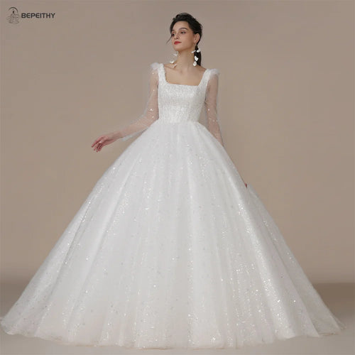 BEPEITHY Shiny Ivory Square Bridal Wedding Dress