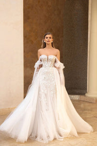 Gorgeous Off Shoulder Detachable Train Lace Appliques Wedding Dress