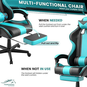 Blue Ergonomic Gaming Chair with Footrest