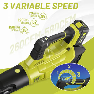 3-Speed 580CFM 20V Cordless Leaf Blower with 2 X 4.0Ah Battery & Charger