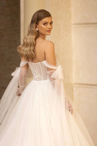 Gorgeous Off Shoulder Detachable Train Lace Appliques Wedding Dress