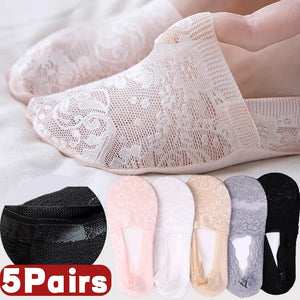 5Pairs Lace Floral Print Short Invisible Slipper Socks