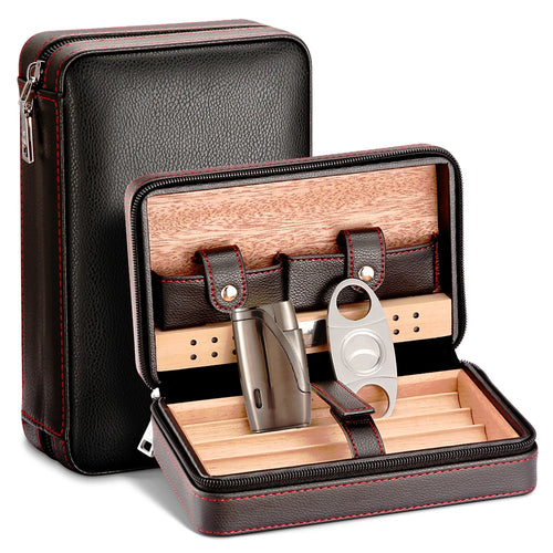 Cedar Wood Leather Cigar Case W/wo Lighter Cutter