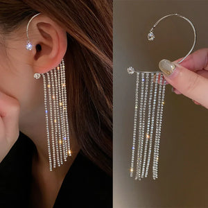 Long Tassel Crystal Chain Ear Cuff Clip Earrings
