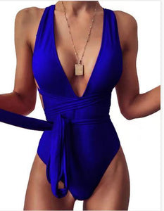 Plunging One Piece Backless Belted Swimsuit
