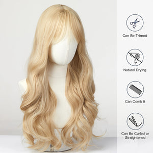 Long Wavy Light Ash Blonde Synthetic Wigs with Bangs