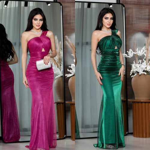 Net Pleat A-line One-shoulder Long Gown