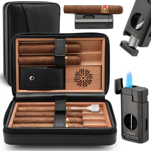 Cedar Wood Cigar Case with Cigar Lighter V Cut Cigar Cutte