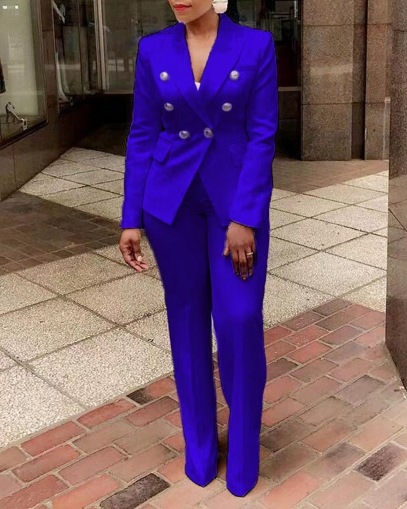 Double-Breasted Blazer and Floor-Length Flared Pants Suit